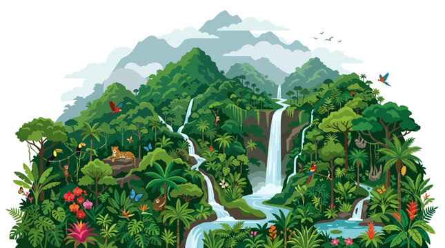 Tropical Jungle Waterfall Mountain Landscape.