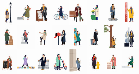 Collection of diverse people in warm coats using handheld audio devices or smartphones while exploring various urban city settings. © Juan