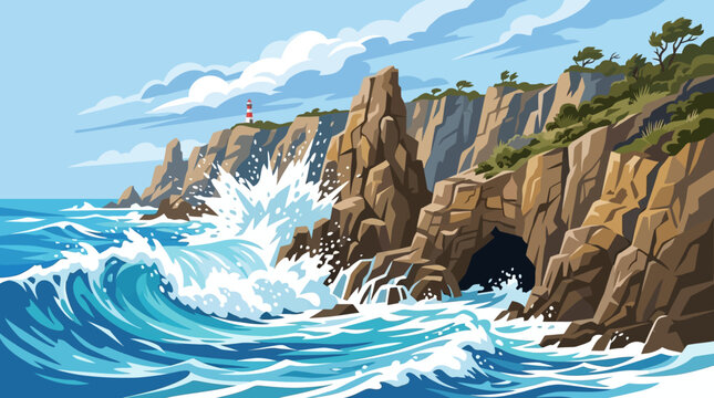 Waves crashing on rocky coastline.