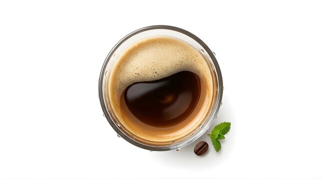 Top view of espresso coffee in glass cup with foam crema, single roasted bean and fresh mint leaf, cafe menu element