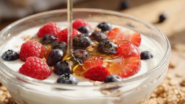 Closeup of fresh mixed berries on creamy yogurt in glass bowl with honey drizzle