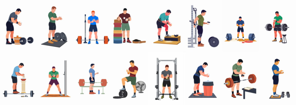 Flat vector illustration set of male powerlifters and weightlifters preparing for training by applying chalk to their hands in various gym settings.