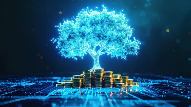 A digital tree with glowing leaves over coins, on a circuit-board background