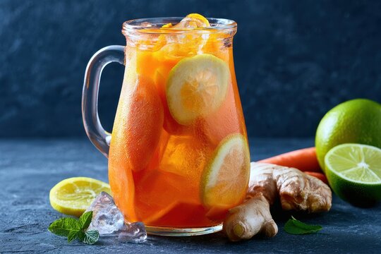 Carrot ginger lemonade chilled with citrus slices on a dark textured surface in a sharp focus macro shot for wellness blog advertising
