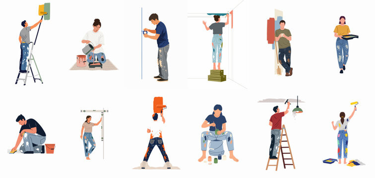 Comprehensive set of flat illustrations showing people painting, decorating, and renovating their homes using rollers, brushes, ladders, and various tools.