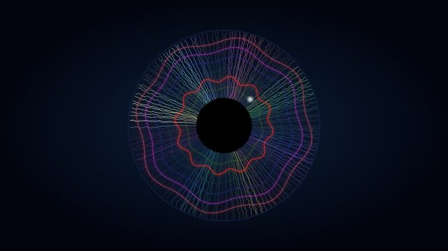 A circular shape displays colorful lines creating various patterns on a dark background. The design features a central black area surrounded by vibrant waves