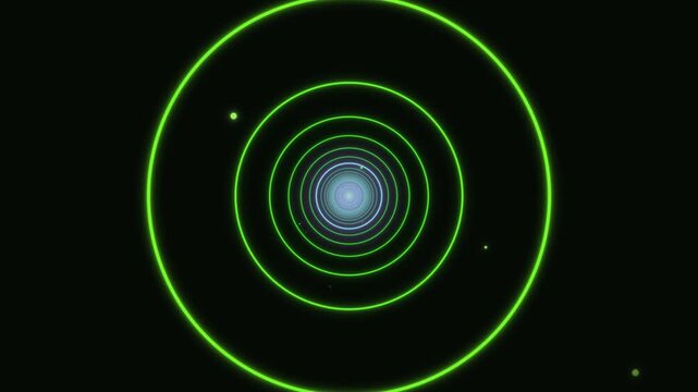 Green concentric circles expand outward from the center, creating a visual journey through layers. The dark background contrasts sharply with the bright green lines