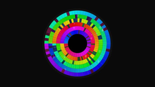 This circular data visualization displays various colors arranged in segments. The design highlights different patterns and trends within the dataset, making information easily understandable