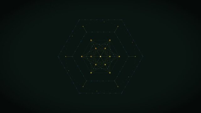 Shapes form a hexagonal pattern made of lines and dots. The design slowly changes and moves on a dark background. Bright points highlight connections in the shape