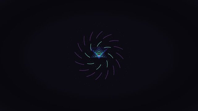 Colorful vector shapes spin and connect in a dark space. The design showcases dynamic motion and patterns that create visual interest. This creative style is suitable for various projects