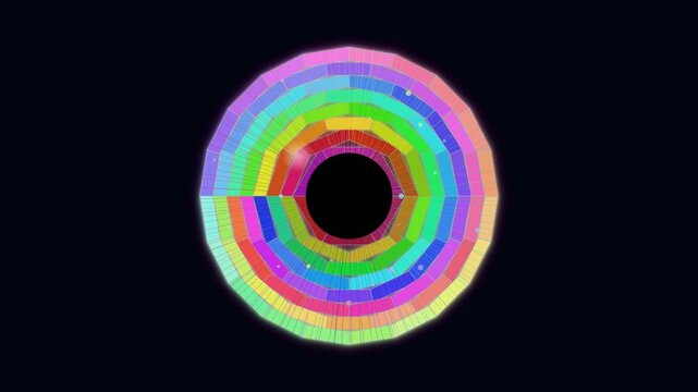 A display of colorful geometric shapes forms a circular design with vibrant hues. The patterns shift and change, creating a dynamic visual effect. This design is both captivating and engaging