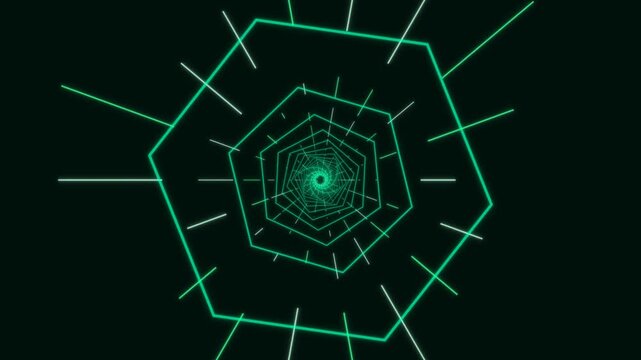 A visual of a geometric spiral made of neon lines on a dark background. The spiral forms a central point and extends outward, creating a dynamic shape. The pattern moves and shifts