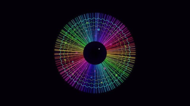 A bright radial pattern features vibrant lines radiating from a central point against a dark background. The design showcases various colors creating an eye catching visual effect