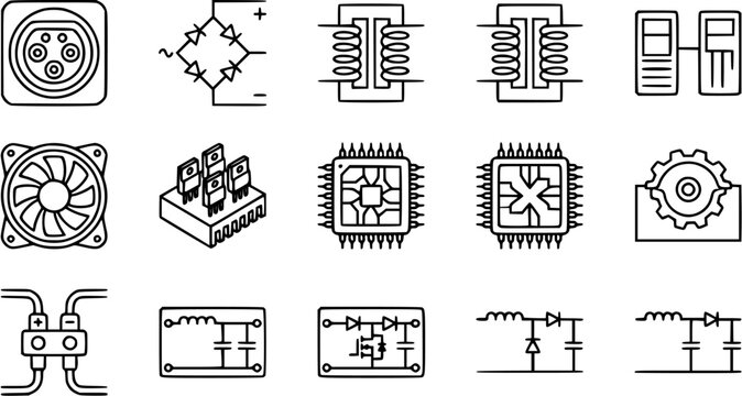 Electronics and Electrical Engineering Line Art Icons: Circuit Components, Power Supplies, Microprocessors, and Test Equipment Outline Collection.
