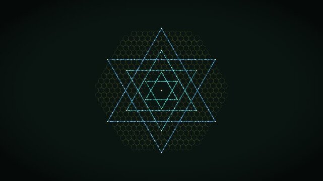 This design features a complex geometric pattern with a star shape surrounded by hexagonal forms. The background is dark, enhancing the lines and shapes created by the blue color