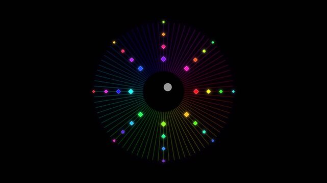 Bright colors form a circular pattern with dots and lines against a dark background. The design appears dynamic, showcasing motion and vibrancy, suitable for creative projects