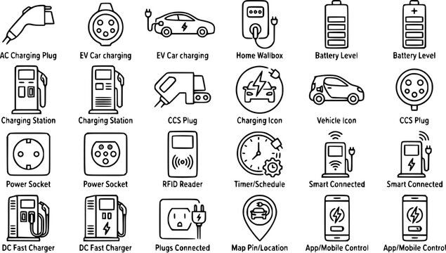 Electric Vehicle (EV) Charging Station and Energy Related Line Art Icons Set. Sustainable Transport and EV Technology Outline Pictograms.