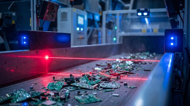 High-tech automated recycling facility using laser optical sorting to separate crushed printed circuit boards