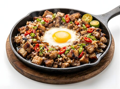 Sizzling pork sisig with fried egg in a hot cast iron skillet topped with fresh chili and calamansi for filipino dining