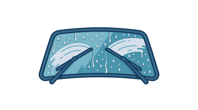A cartoon illustration of a car windshield with active wipers during a rainstorm.