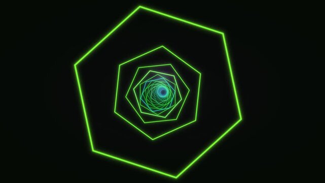 Green hexagonal shapes create a tunnel effect with a blue center. The design pulls the viewer s eye toward the inner light. The scene captures motion in a modern style
