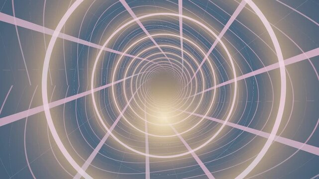 This motion graphic shows a light tunnel with glowing circular patterns and lines. The design creates a sense of depth and movement through a bright central light source