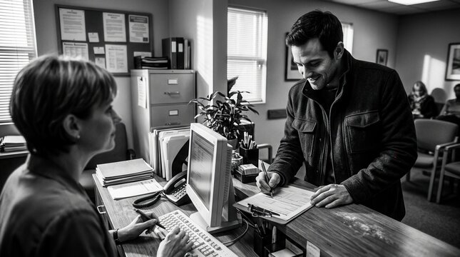 Receptionist Assists Customer Filling Out Forms Professionally