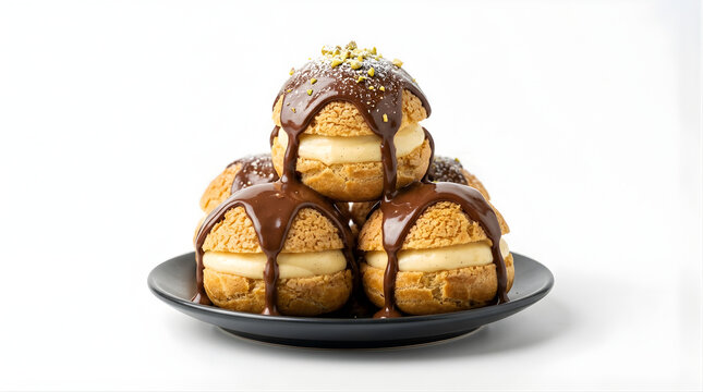 Stack of delicious profiteroles topped with drizzling chocolate ganache on a black plate for bakery and dessert menu