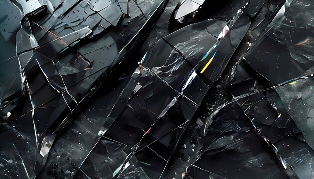 Luxury shattered smoked obsidian glass shards with reflective holographic foil