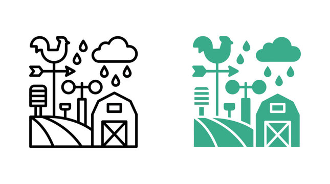 Farm Weather Station with Wind Vane, Rain Gauge, and Barn in Flat Icon Set
