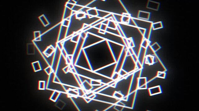 Abstract geometric animation with glowing white squares rotating and glitching against a black background