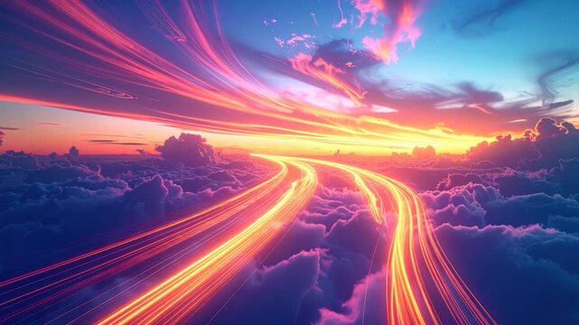 A surreal, vibrant aerial view of light trails in a dreamy sky