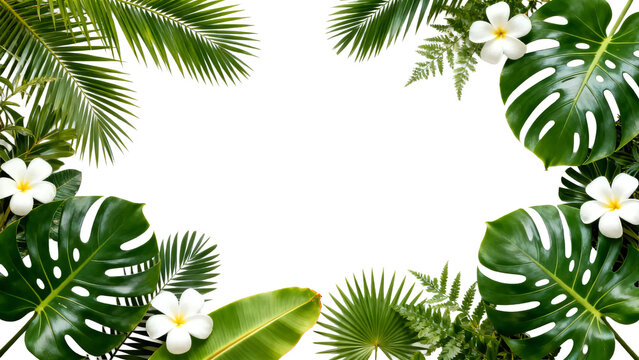 Tropical palm leaves and plumeria flower frame with copy space