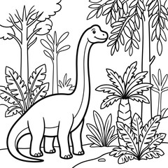 Dinosaur Brontosaurus walking through prehistoric jungle foliage with trees vector illustration © Joynul