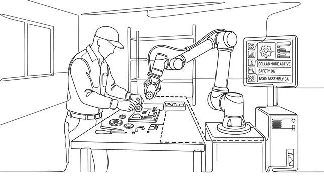 Continuous line art of a male worker assembling parts at a workbench alongside an industrial robotic arm, representing automated manufacturing and cobot human collaboration in a modern factory setting