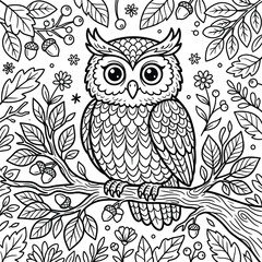Fototapeta premium Whimsical Owl perched on a detailed branch with autumnal foliage and acorns vector illustration for coloring