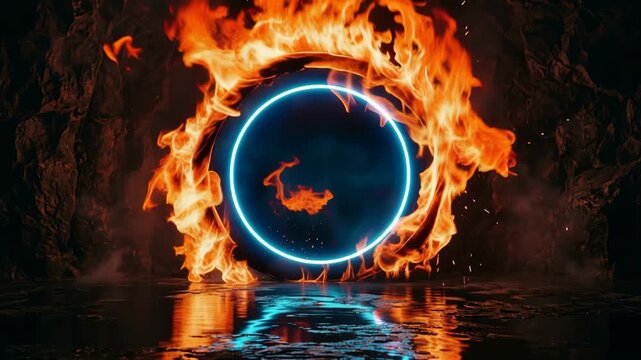 Neon portal ring glowing through swirling fire and sparks over dark water reflections creating a dramatic fantasy scene with vivid heat, flowing motion and a mysterious futuristic atmosphere