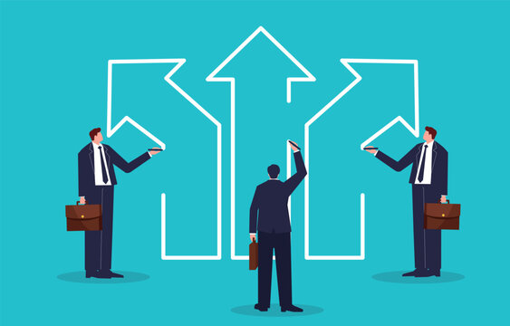 Different ideas and strategies, different career or business plans. Three businesspeople draw arrows pointing in three different directions