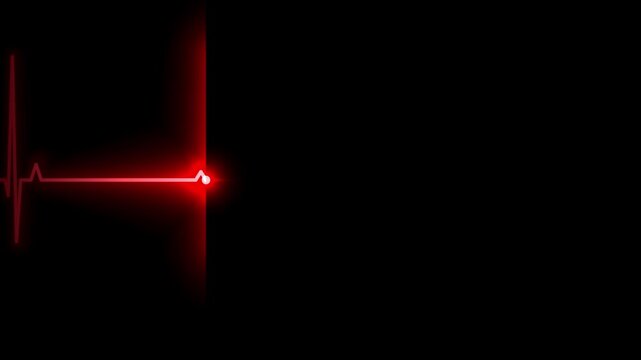 Glowing red heartbeat electrocardiogram monitor line pulsating and looping continuously on a black background