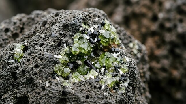 Close-up of Peridot Crystals embedded in Volcanic Rock.