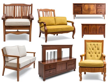 A collection of wooden furniture pieces with various upholstery
