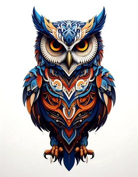 A colorful owl with intricate patterns and designs on its feathers