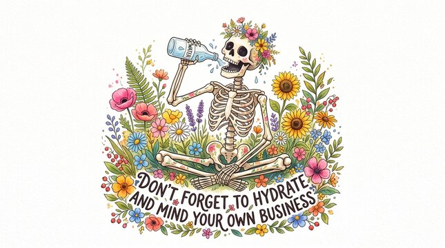 Funny Skeleton Drinking Water in Flower Garden Illustration