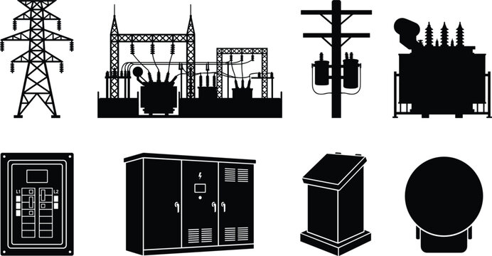 Electrical Power Infrastructure Glyph Icon Set with Transmission Tower Substation Transformer Switchgear and Utility Equipment