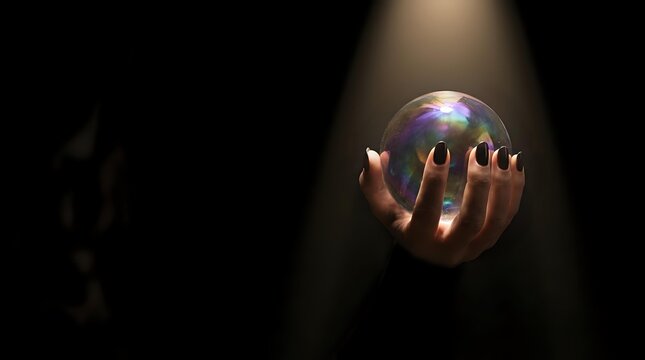 Hand holding glowing crystal ball against dark background, mystical fortune telling and divination concept for spirituality and magic themes.