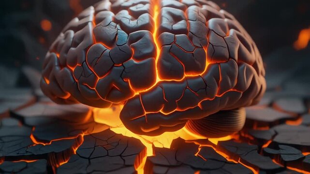 Internal brain pain illustration glowing on cracked lava ground