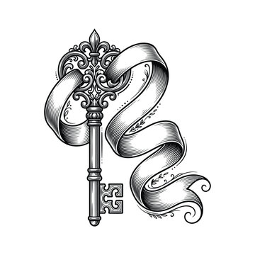 Ornate Vintage Key with Decorative Ribbon in Engraved Style Vector Illustration
