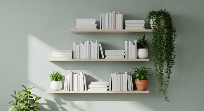 Modern home library with books and plants on wooden shelves