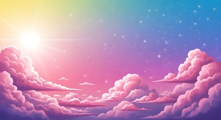 Naklejka premium Pastel sky with fluffy clouds and sparkling stars dreamlike celestial background