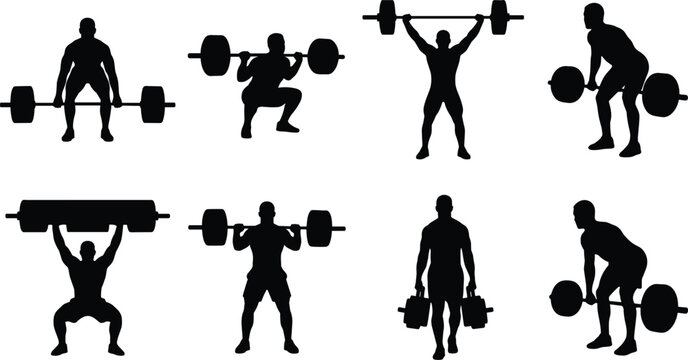 Collection of black silhouettes featuring male athletes performing heavy weightlifting, powerlifting, and strongman fitness exercises with barbells.